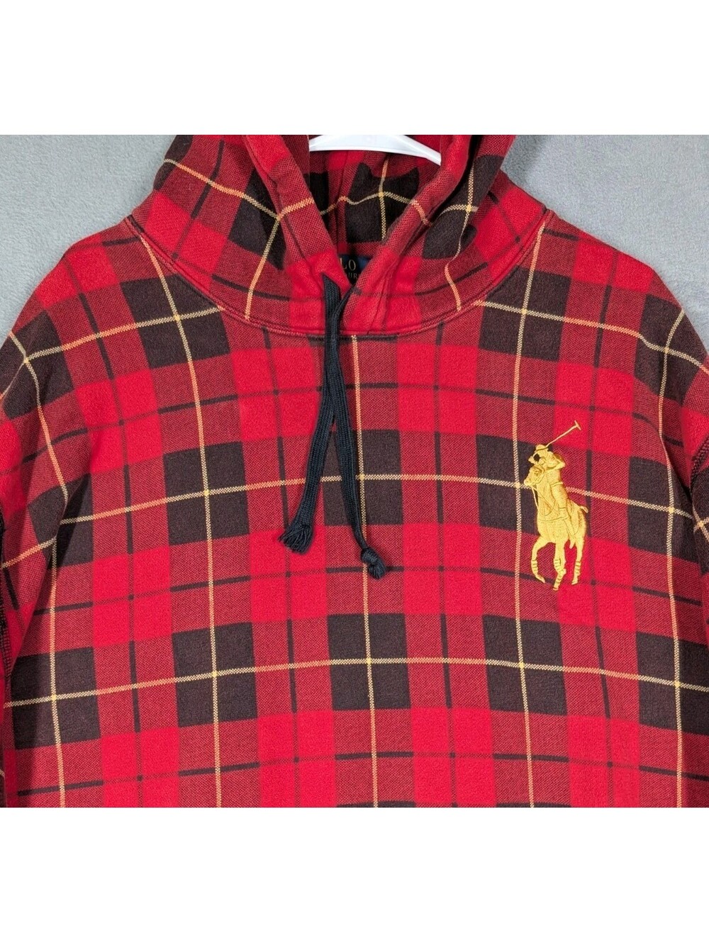 Polo Ralph Lauren Mens XXL Red Black Plaid Big Pony Fleece Hoodie Pullover Logos